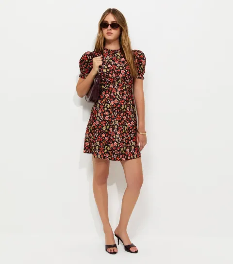 Women's Black Floral Puff Sleeve Mini Tea Dress