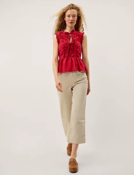 Monsoon Pure Cotton Gingham Tie Neck Frill Detail Top Red
