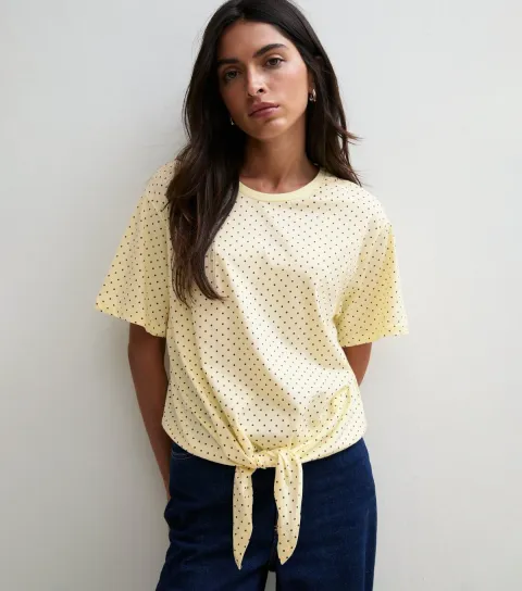 Women's Yellow Cotton Polka Dot Tie Front T-Shirt
