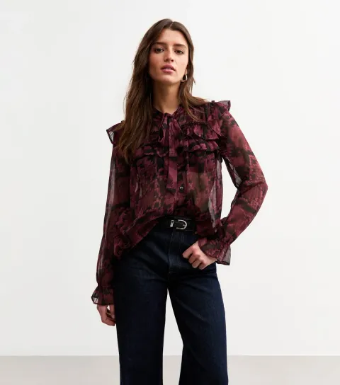 Women's Burgundy Snake Print Ruffled Blouse
