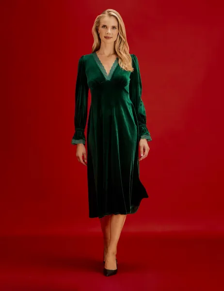 Finery London Velvet V-Neck Midi Tea Dress Green