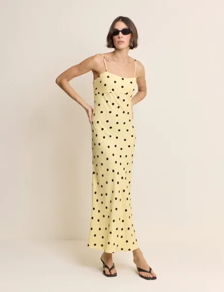 Nobody's Child Polka Dot Square Neck Maxi Slip Dress Yellow