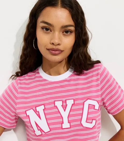 Women's Petite Pink Cotton Striped NYC Relaxed T-Shirt