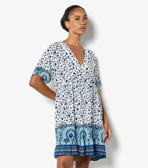 Women's Blue Floral Border Print Mini Dress