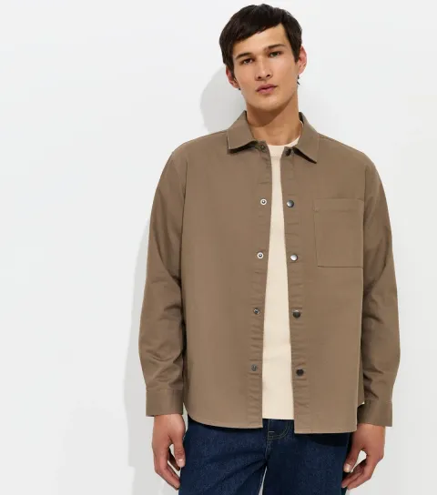 Men's Camel Cotton Regular Fit Long Sleeve Boxy Twill Overshirt