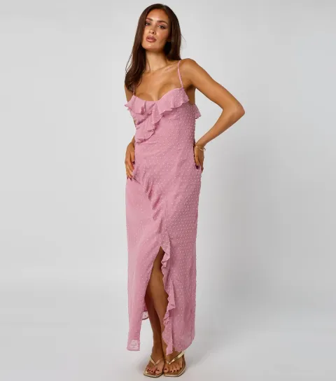 Women's Pink Textured Ruffle Trim Maxi Dress