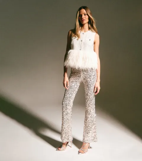 New Look Women's Silver Sequin Flared Trousers