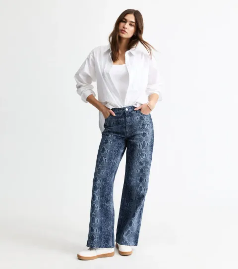 Women's Blue Snakeskin Print Wide Leg Jeans