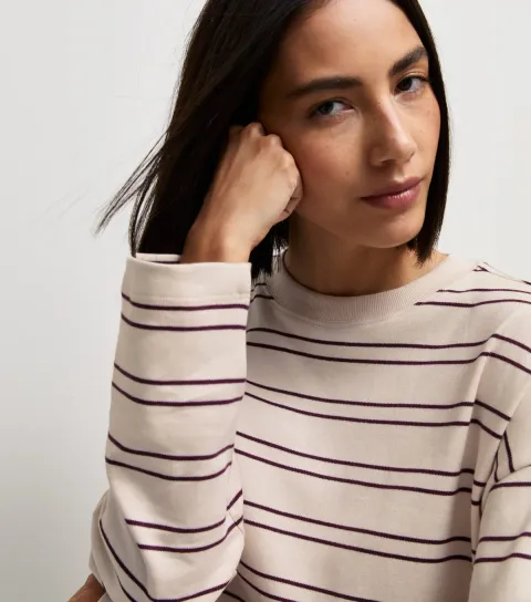 New Look Women's Premium Cream Cotton Striped Long Sleeve Skater Top