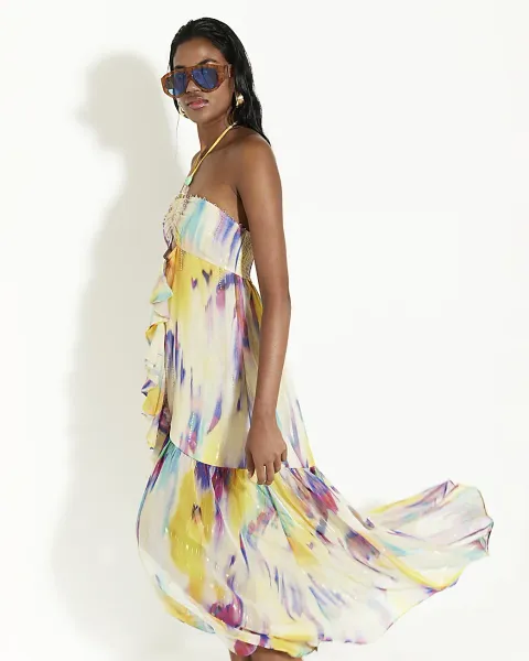 River Island Blurred Print Frill Beach Maxi Dress