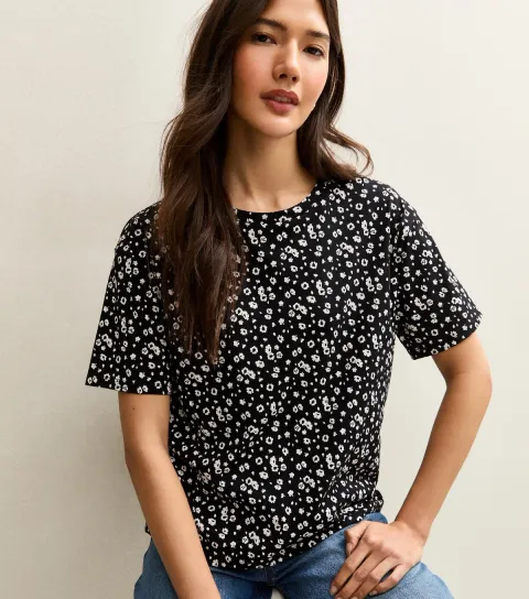 Women's Black Floral Cotton Crew Neck T-Shirt