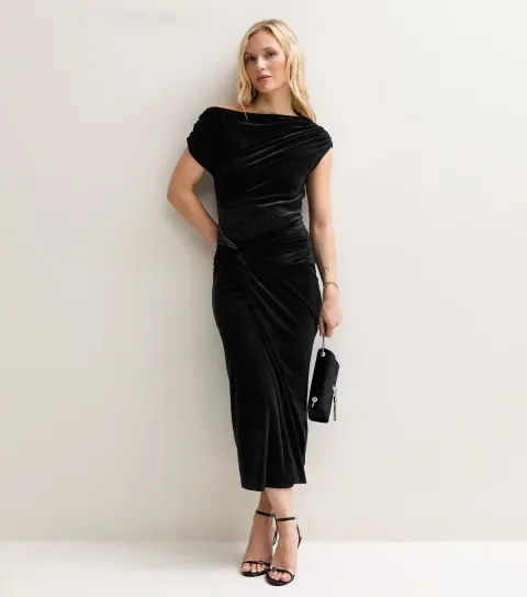 New Look Women's Petite Black Velvet Fallen Shoulder Front Twist Midi Dress