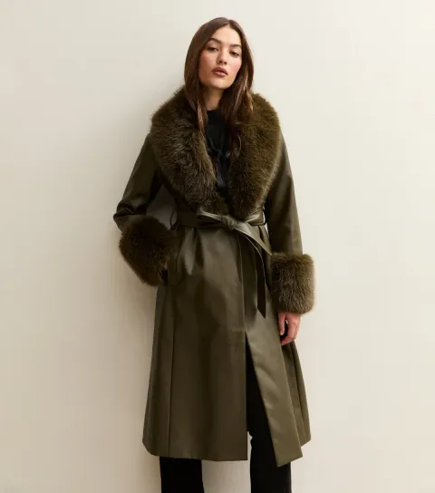 New Look Women's Khaki Faux Leather Faux Fur Trim Longline Jacket