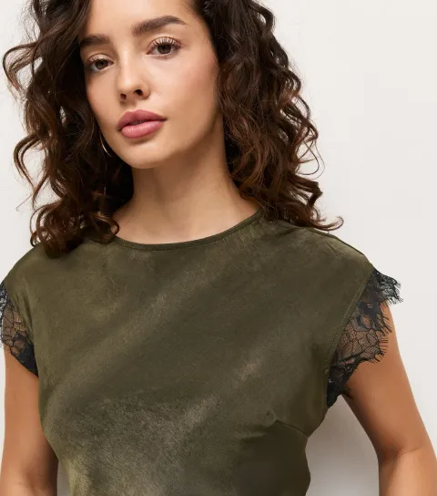 Women's Petite Dark Khaki Lace Trim Bias Midi Dress