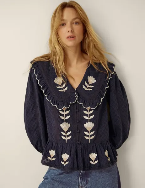Monsoon Pure Cotton Tulip Embroidered Collared Blouse Navy Mix