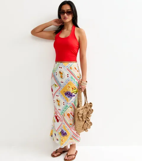 Women's Petite Multicolour Still Life Print Bias Cut Midi Skirt