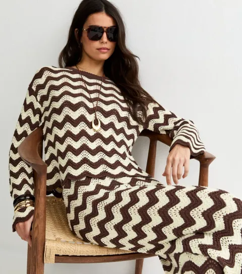 Women's Brown Cotton Rich Chunky Knit Zig Zag Jumper