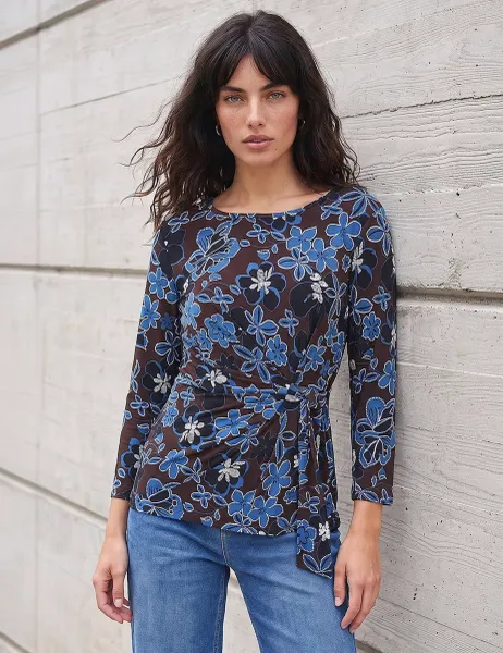 Roman Floral Side Tie Top Brown Mix