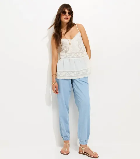 Women's Tall Light Blue Cotton Cuffed Denim Cargo Trousers