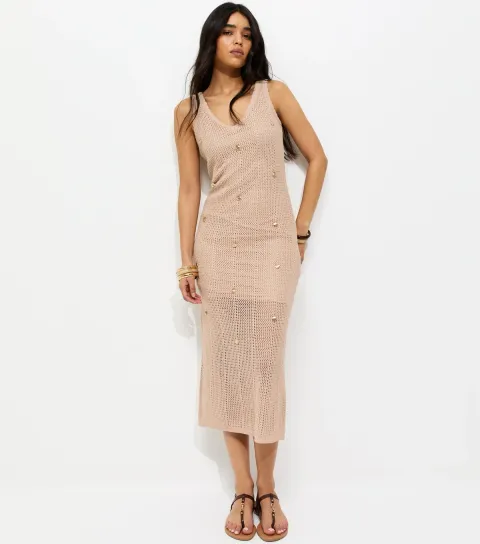 New Look Women's Oatmeal Stitchy Crochet Shell Applique Dress