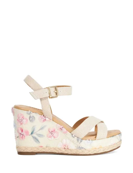 Dune London Floral Ankle Strap Wedge Sandals Natural