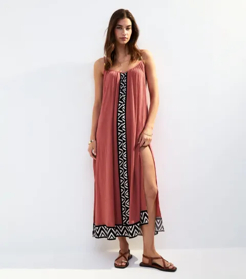 Women's Rust Textured Graphic Trim Cover Up Maxi Dress