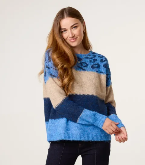 Women's Mid Blue Striped Animal Pattern Jumper