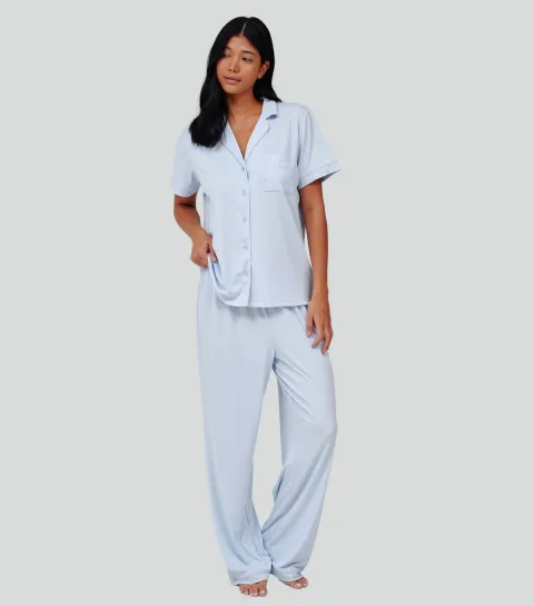 Women's Blue Short Sleeve Top and Trousers Pyjama Set