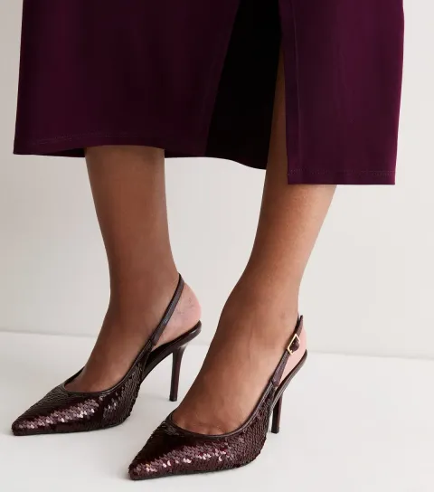 New Look Women's Dark Burgundy Faux Leather Sequin Embellished Slingback Pumps Vegan