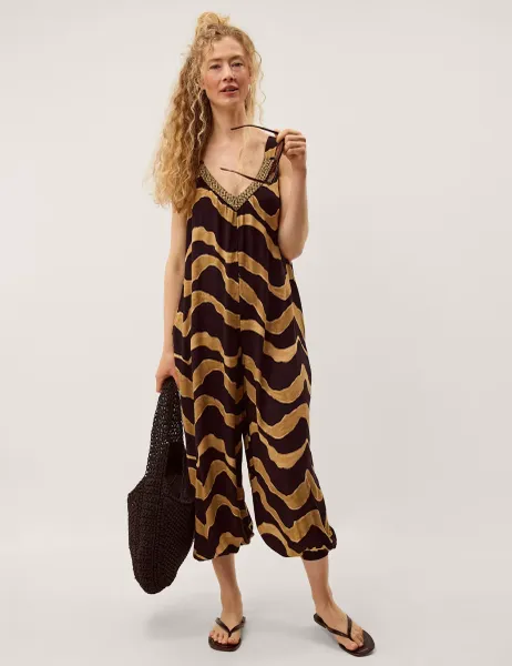 Monsoon Printed Sleeveless Cropped Relaxed Jumpsuit Black Mix