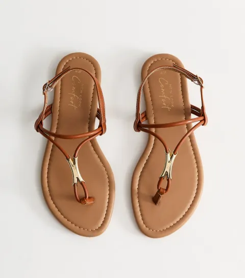 New Look Women's Tan Faux Leather Hardware Detail Toe Post Sandals Vegan