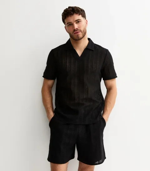New Look Men's Black Regular Crochet Drawstring Shorts