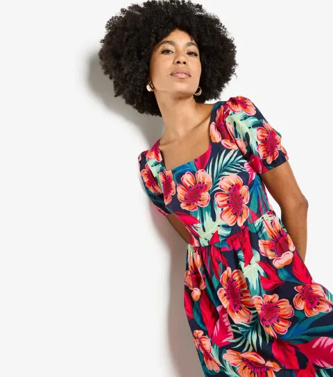 Women's Red Floral Square Neck Mini Dress