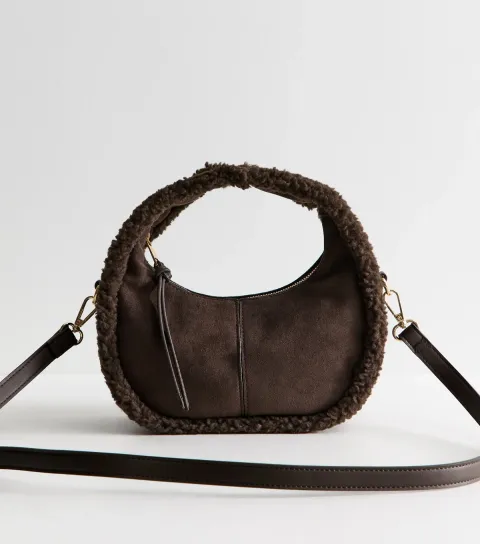 Dark Brown Faux Suede Borg Trim Grab Handle Bag