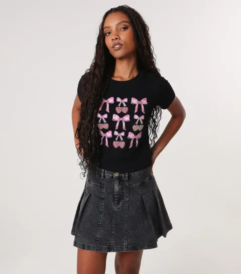 Women's Black Diamante Bow T-Shirt