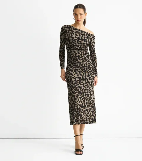 Women's Mid Grey Animal Print Off The Shoulder Dress