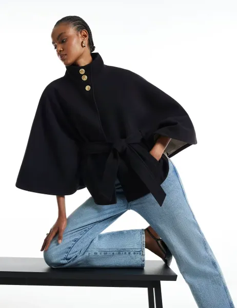River Island Belted Funnel Neck Coat Black