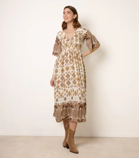 Women's Brown Border Print Midi Dress