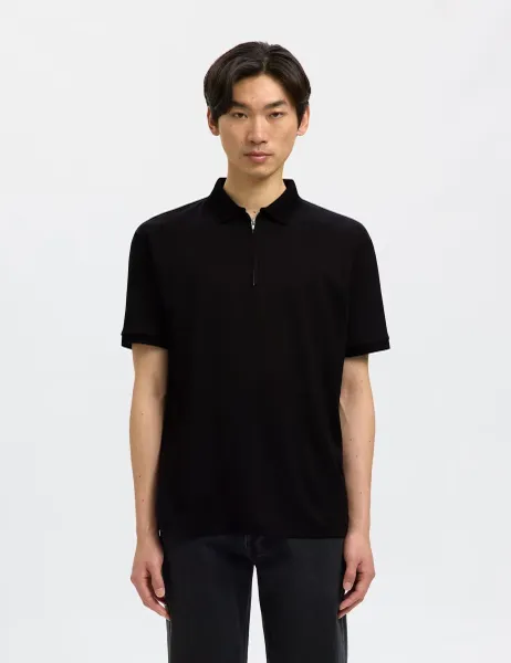 Cotton Blend Half Zip Polo Shirt Black