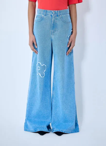 Denim Jeans With Flower Motif