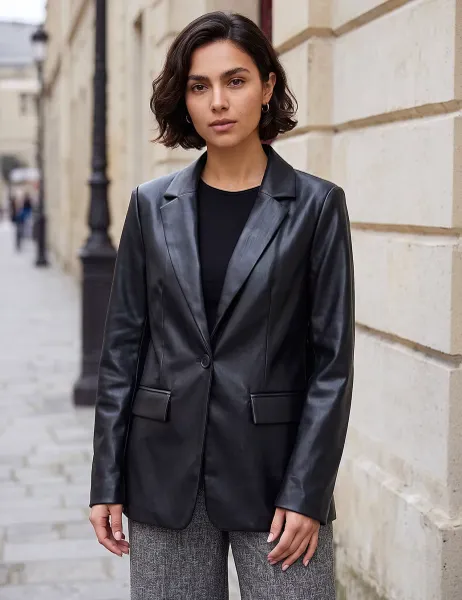Roman Faux Leather Oversized Cropped Blazer Black Mix