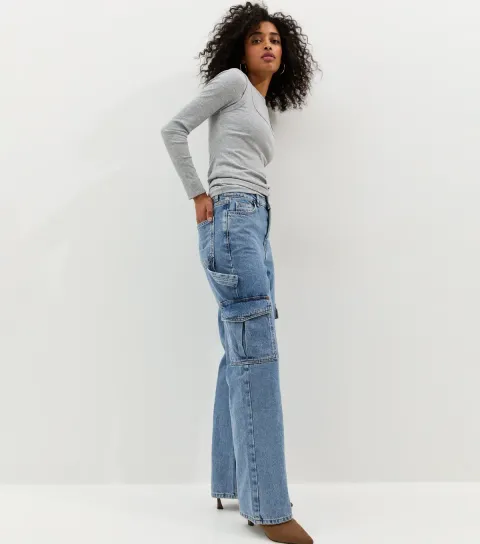 Women's Blue High Waist Cargo Jeans