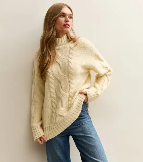 Women's Light Yellow Cable Knit Stand Neck Jumper
