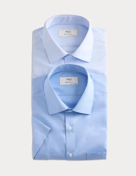 Marks & Spencer 2 Pack Regular Fit Easy Iron Shirts Blue Mix