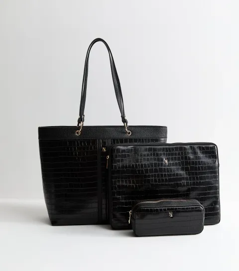 Black Faux Leather Crocodile Embossed Trio Tote Bag Vegan