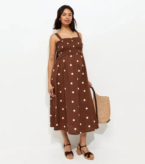 Women's Maternity Brown Polka Dot Bow Back Midi Dress