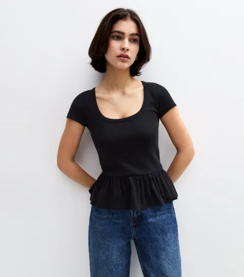 Women's Black Scoop Neck Peplum Hem Top