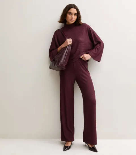 New Look Women's Tall Dark Burgundy Soft Touch Ribbed Trousers