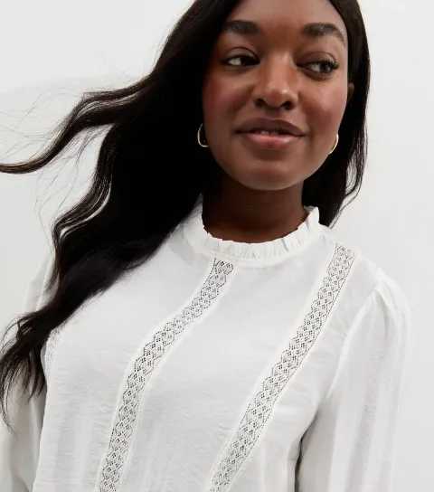 Women's Plus Size White Lace Insert High Neck Blouse Curves