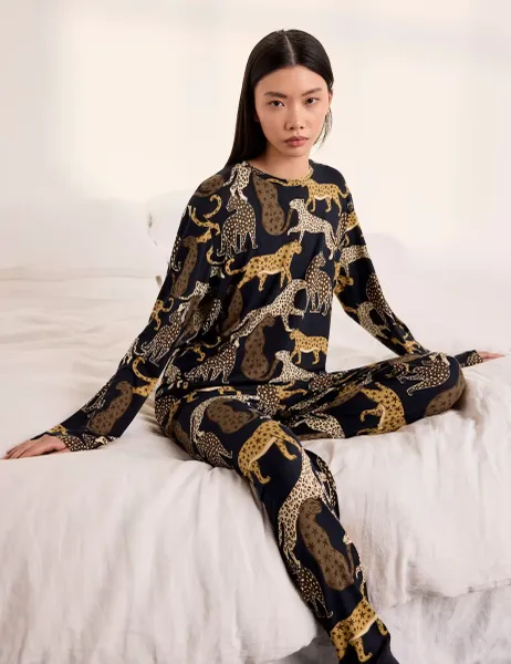 Chelsea Peers Jersey Leopard Print Cuffed Pyjama Set Navy